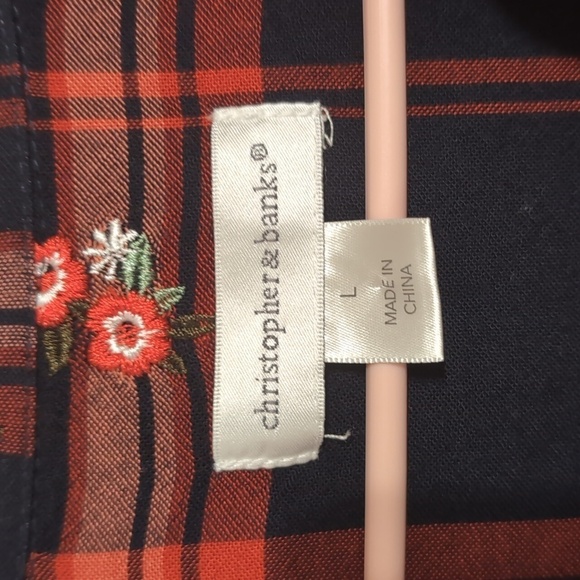 christopher & banks Navy Orange Plaid Split Neck Long Sleeve Blouse Size Large - Picture 2 of 5